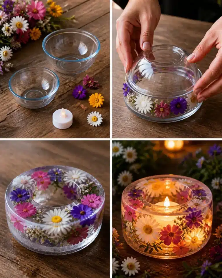 DIY frozen flower ice lantern illuminating a summer evening garden