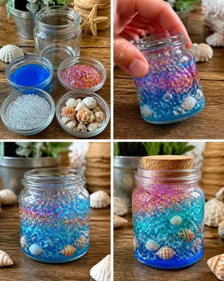 Colorful DIY layered ocean prism jar filled with sand and seashells.