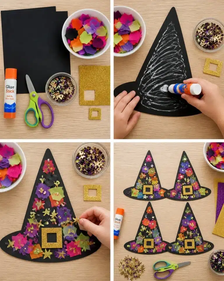 Colorful DIY witch hat collage craft for kids using various art supplies.