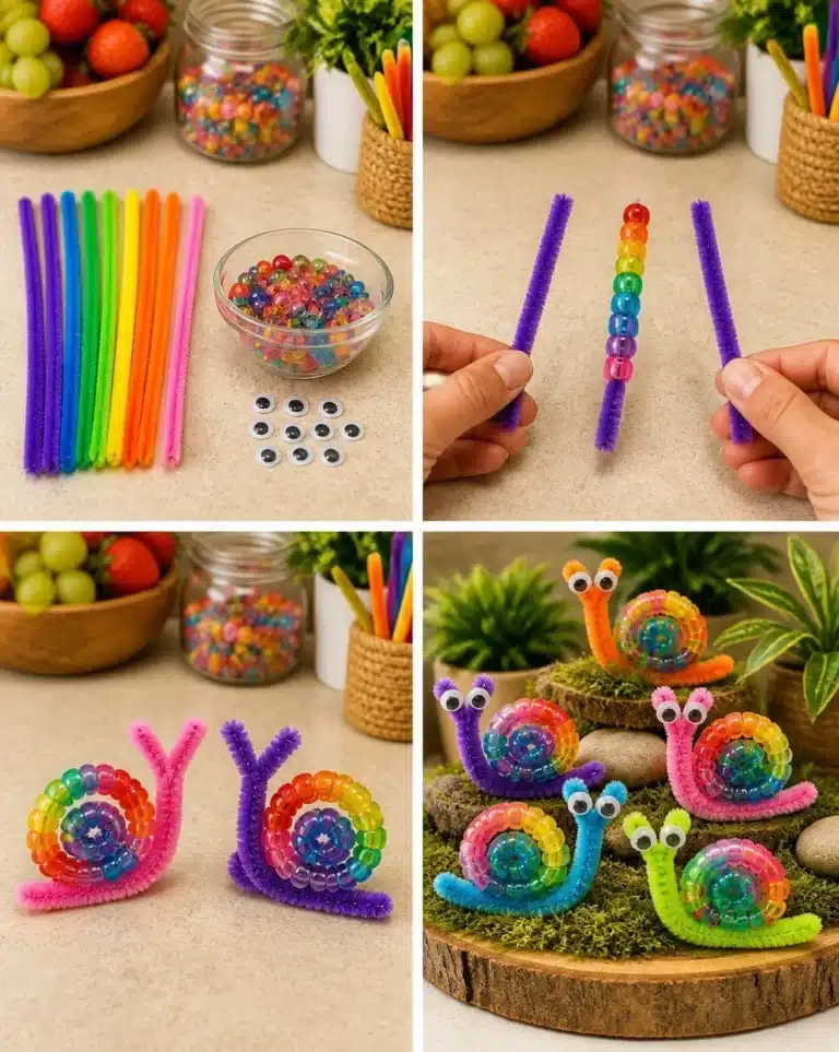 Colorful rainbow beaded snails made from pipe cleaners in a craft project.