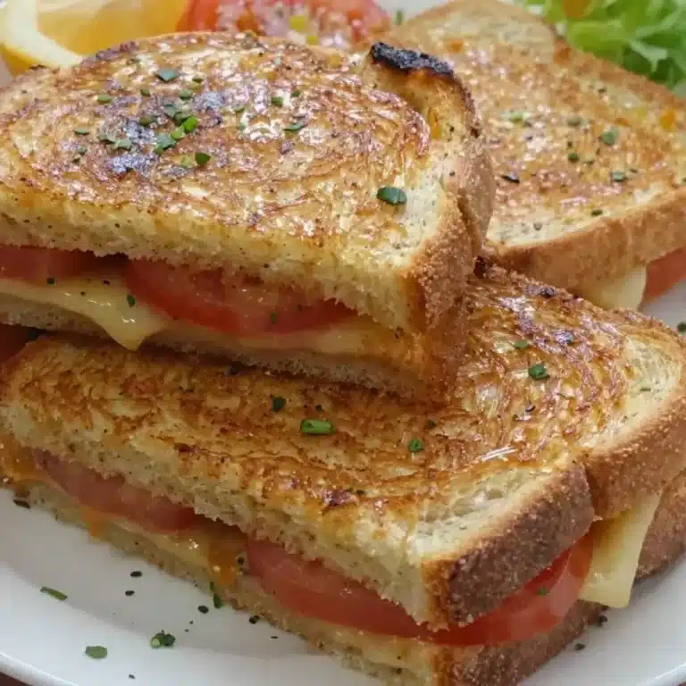 Deliciously melted tomato grilled cheese sandwich on a plate
