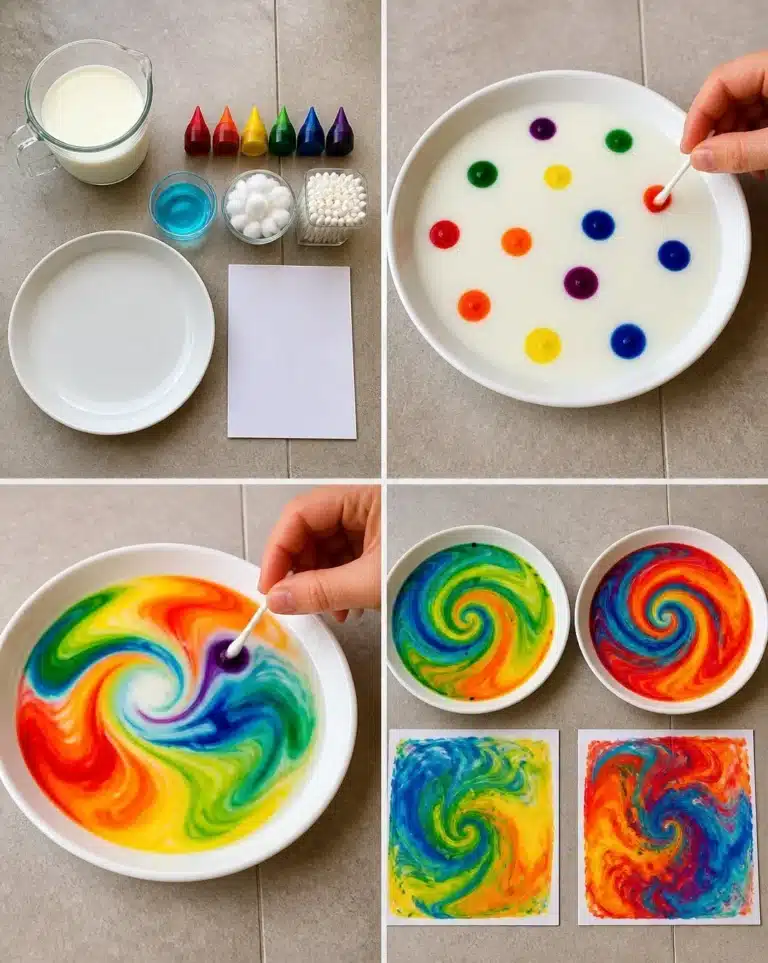 Colorful rainbow milk swirl art creation process with vibrant colors.