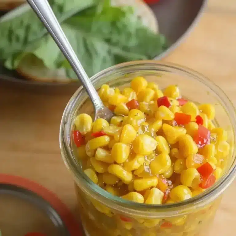 Homemade sweet and spicy refrigerator corn relish in a jar
