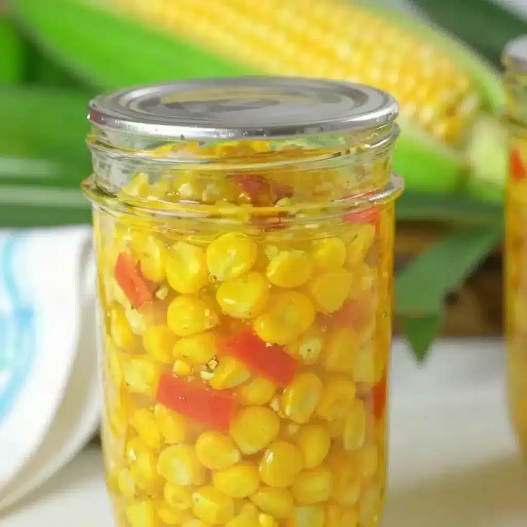 Homemade sweet corn relish in a jar with fresh ingredients