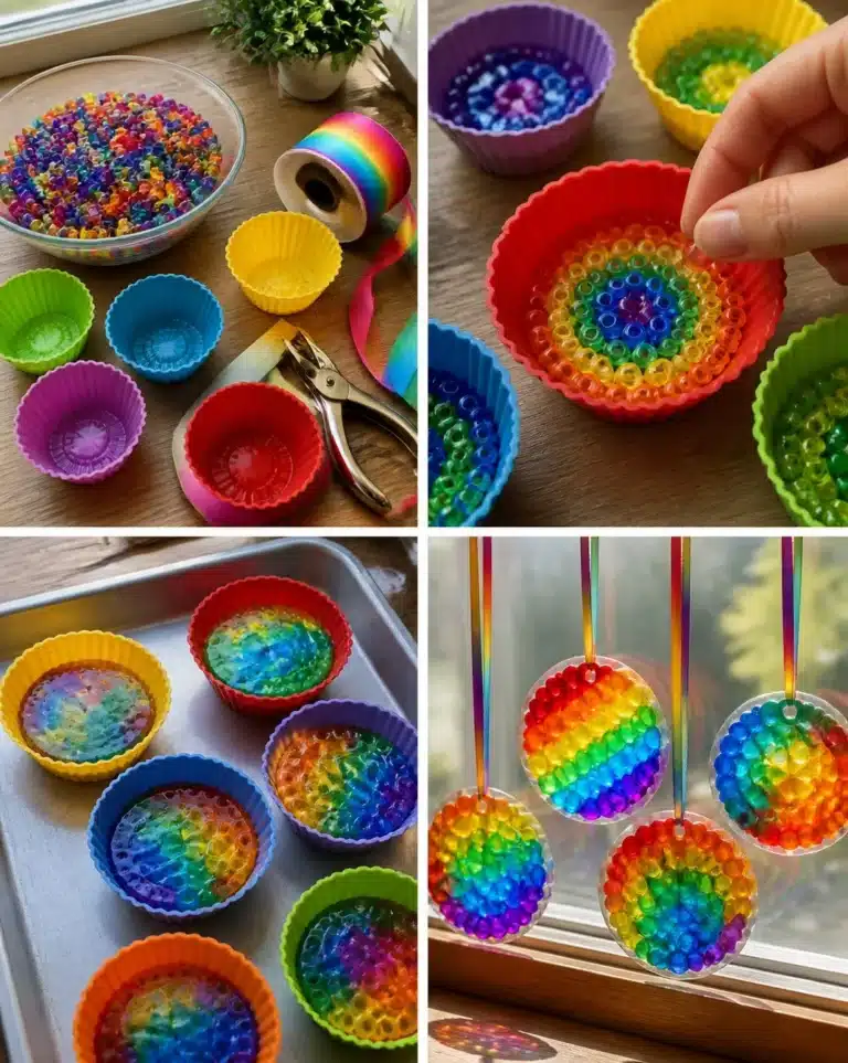 Colorful DIY melted rainbow bead suncatcher hanging in a window