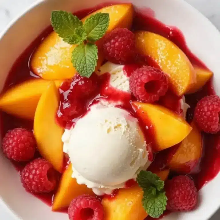 Delicious Peach Melba dessert with peaches, raspberry sauce, and vanilla ice cream.