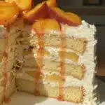 Delicious Peaches and Cream Chantilly Cake topped with fresh peaches and whipped cream