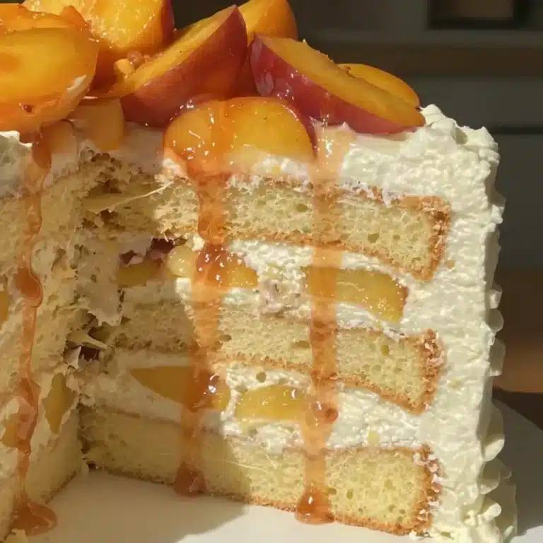Delicious Peaches and Cream Chantilly Cake topped with fresh peaches and whipped cream