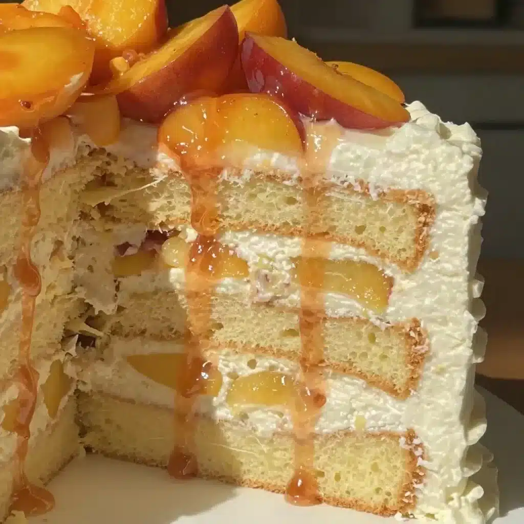 Delicious Peaches and Cream Chantilly Cake topped with fresh peaches and whipped cream