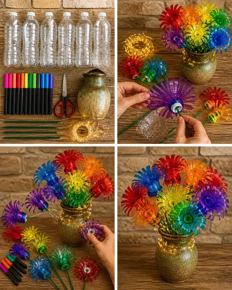 DIY rainbow flower bouquet made from plastic bottles for eco-friendly decor