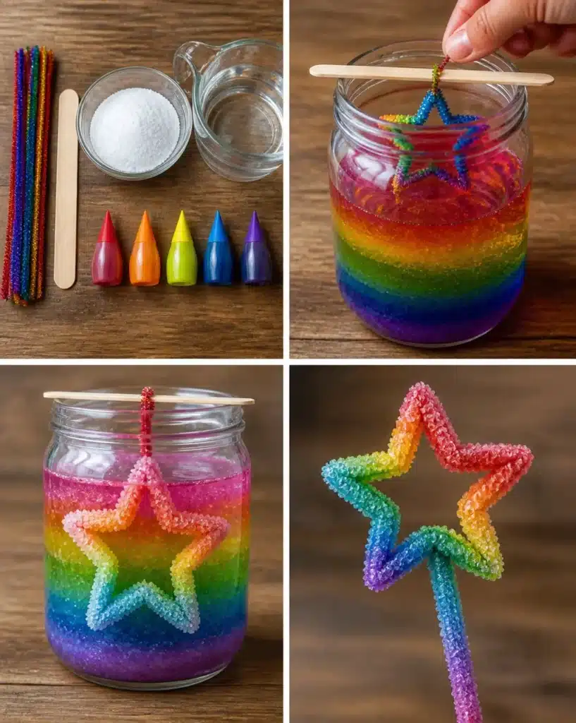 Rainbow Borax Crystal Star Wand How to Make 1 DIY Rainbow Borax Crystal Wand tutorial with sparkling crystals.