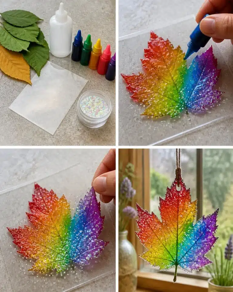 Rainbow Crystal Leaf suncatcher reflecting vibrant colors in sunlight