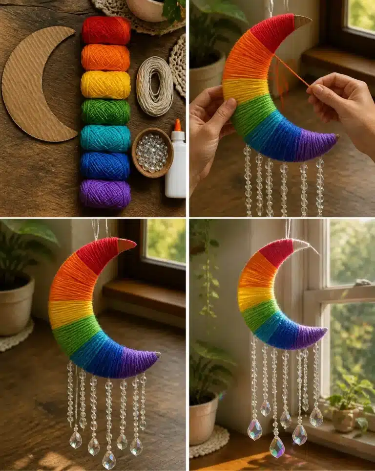 DIY rainbow yarn wrapped moon mobile hanging decor