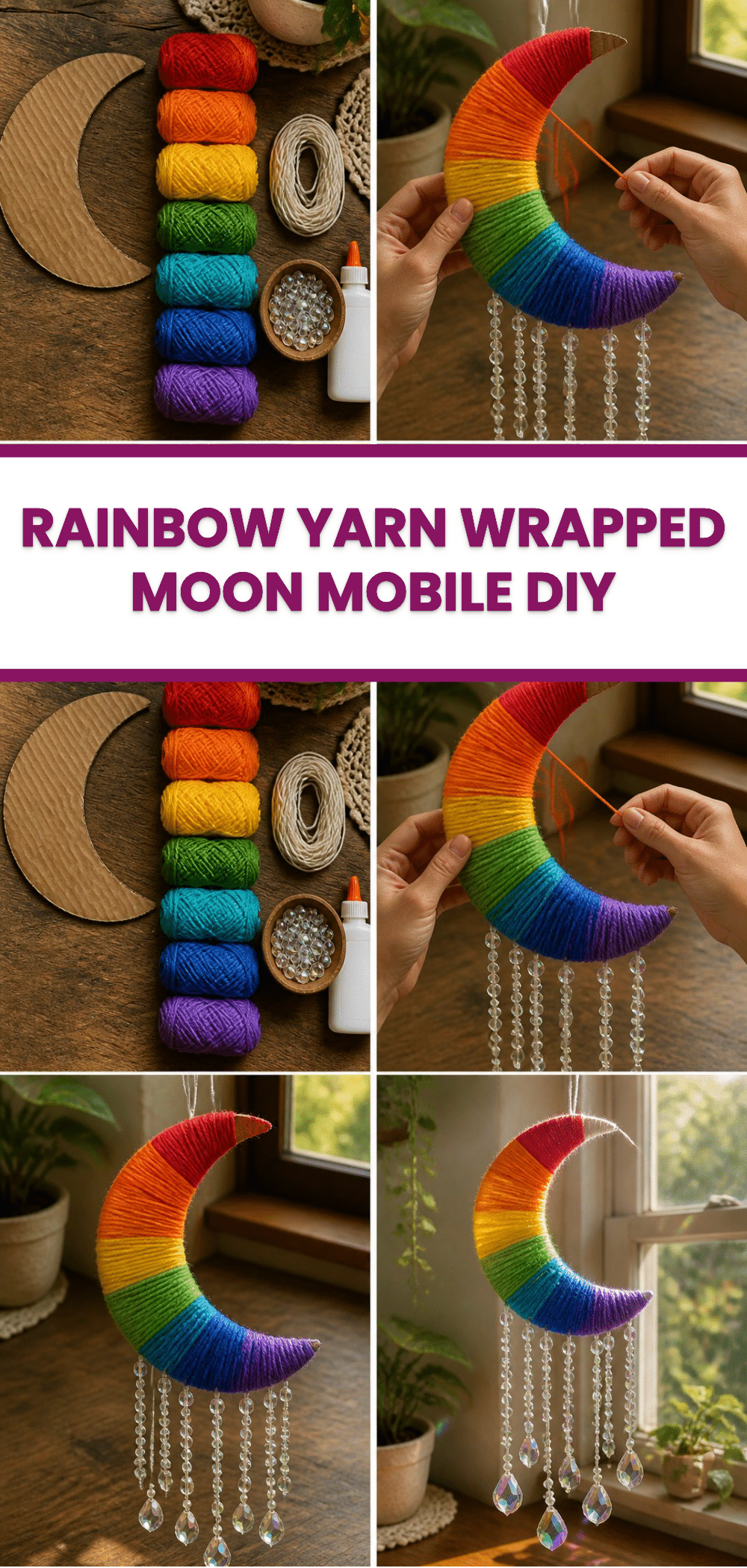 Rainbow Yarn Wrapped Moon Mobile DIY