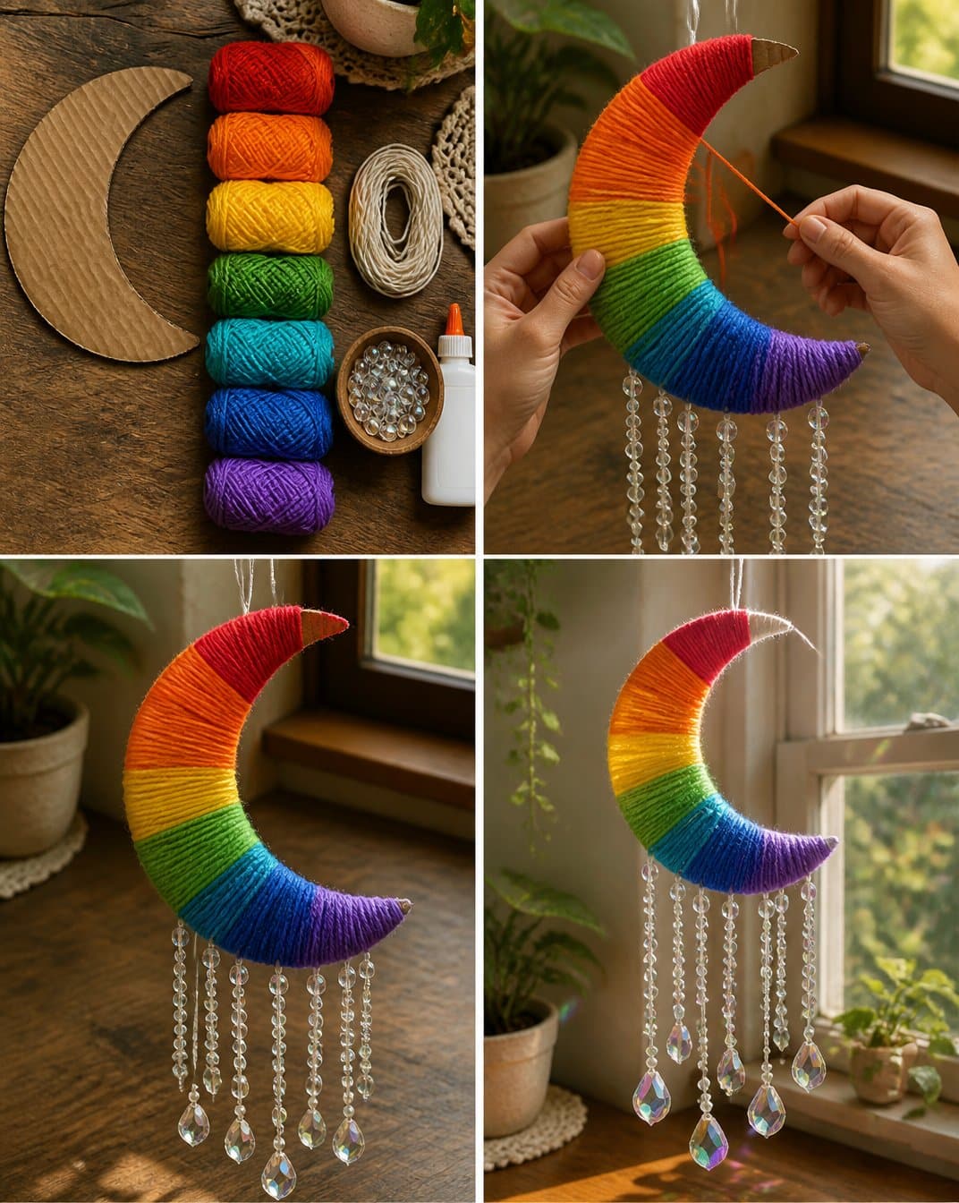 Rainbow Yarn Wrapped Moon Mobile