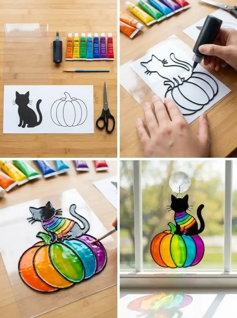 Adorable Black Kitten Rainbow Pumpkin Suncatcher for Windows 7 Adorable black kitten rainbow pumpkin suncatcher for window decoration