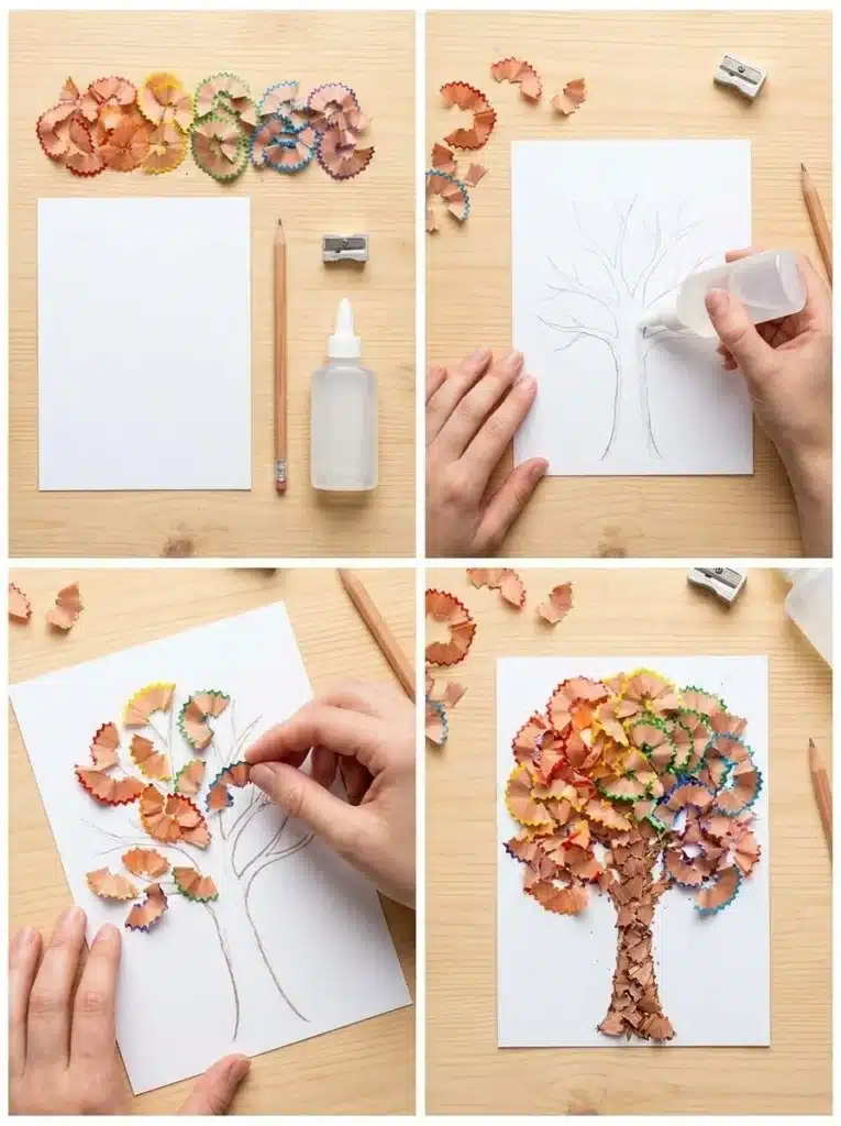 Autumn Tree Art created with Rainbow Pencil Shavings in vibrant colors.