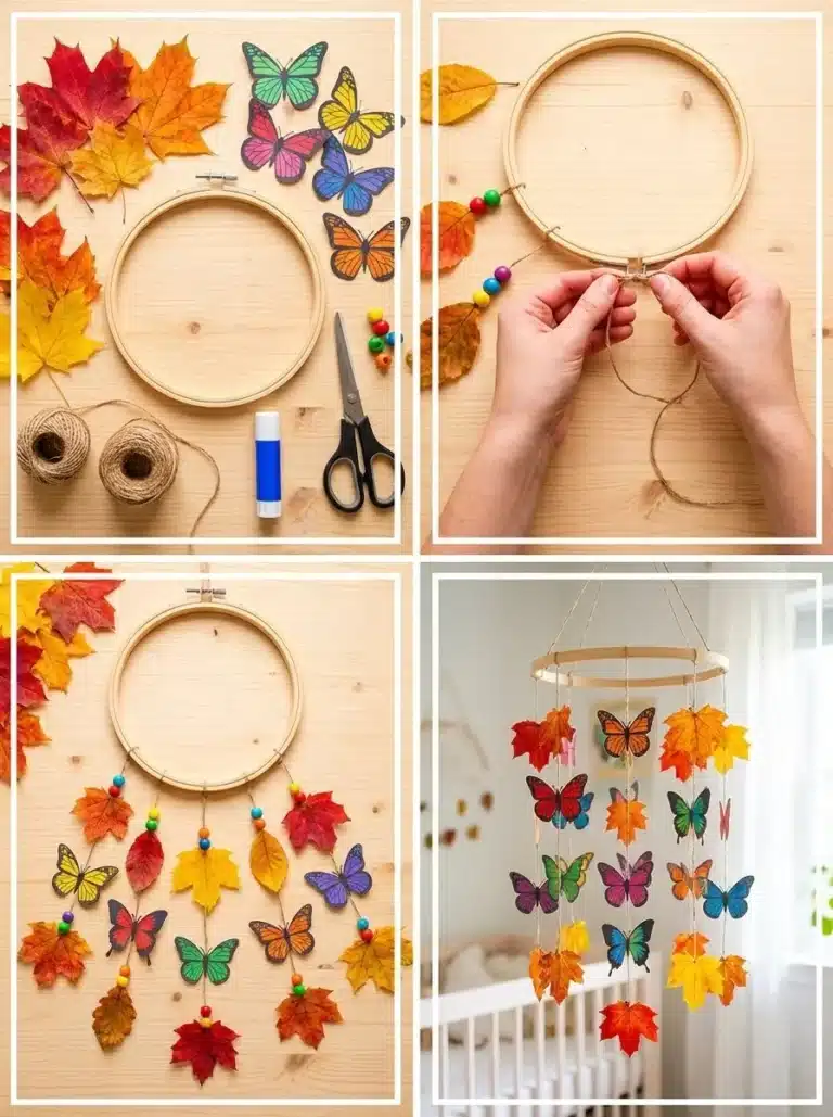 Colorful butterfly mobile with autumn leaves for nursery decor