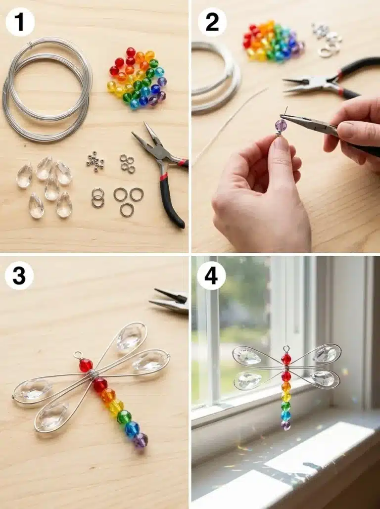 Crystal Rainbow Dragonfly Glass Suncatcher hanging in a window