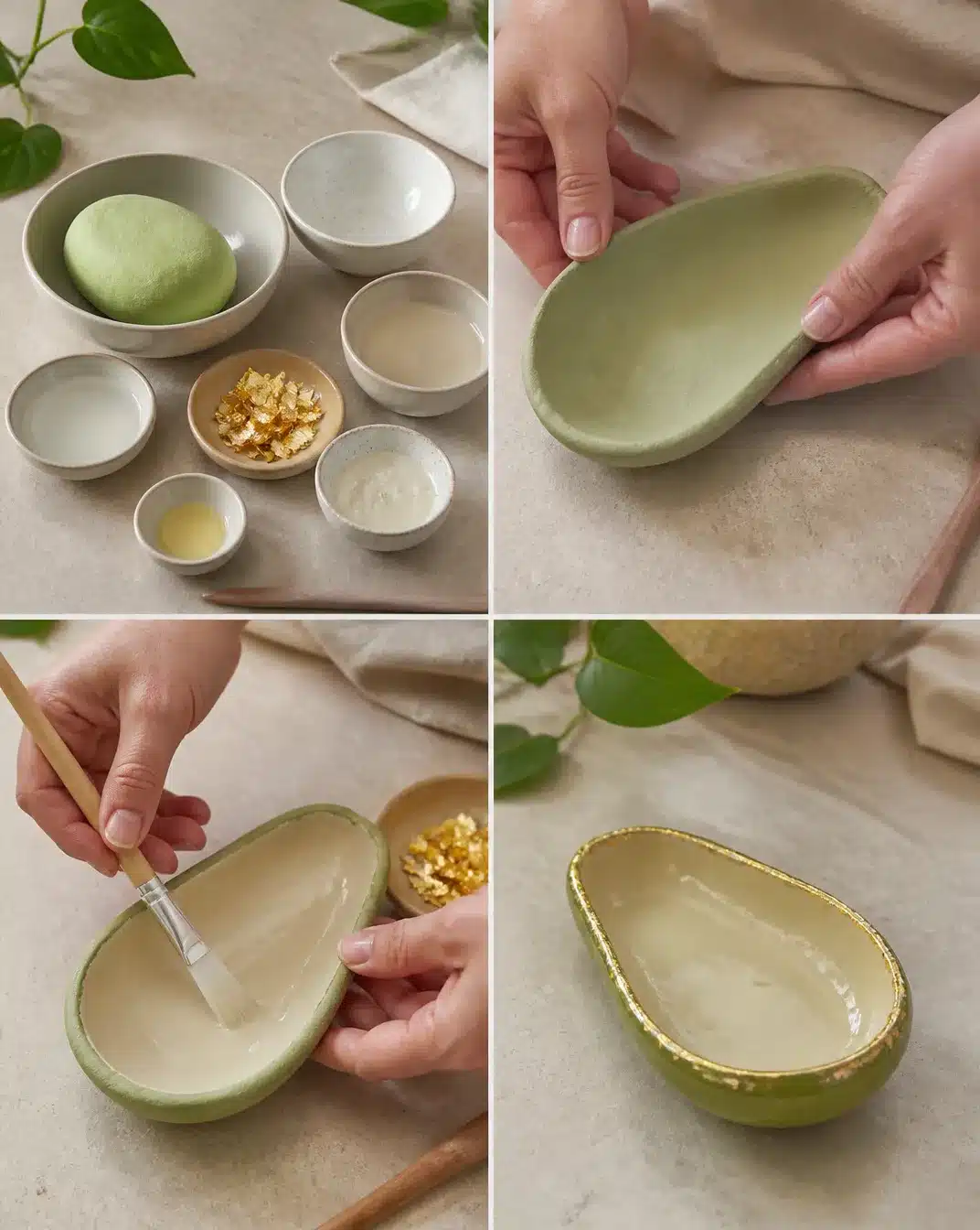DIY Air-Dry Clay Avocado Trinket Dish With Gold Leaf
