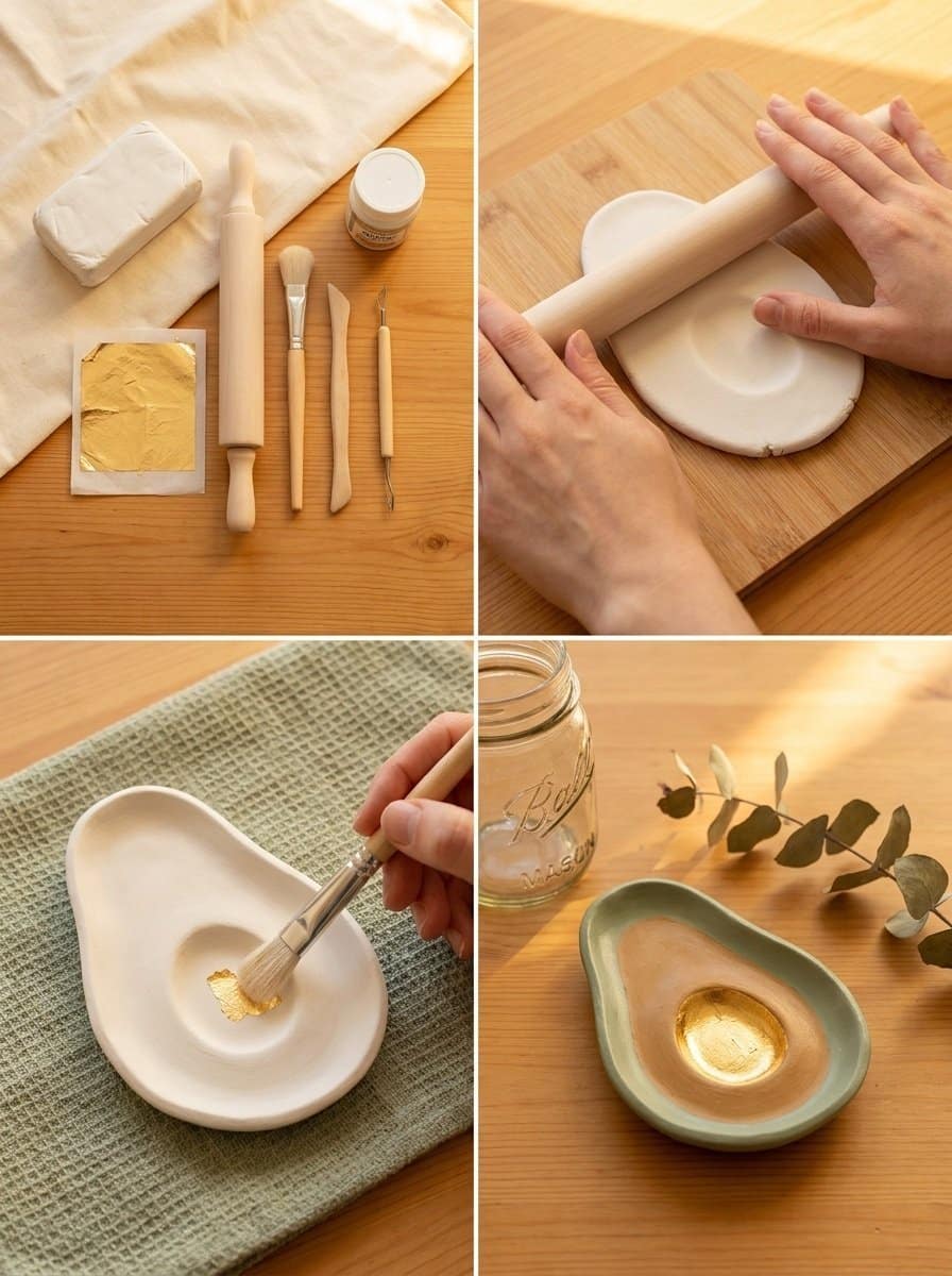 DIY Avocado-Shaped Air-Dry Clay Trinket Dish With Gold Leaf 2 Avocado-Shaped Air-Dry Clay Trinket Dish With Gold Leaf