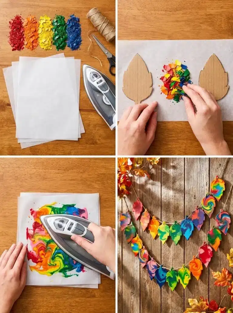 DIY Melted Crayon Rainbow Leaf Garland for Fall Decor 6 DIY melted crayon rainbow leaf garland for fall decoration