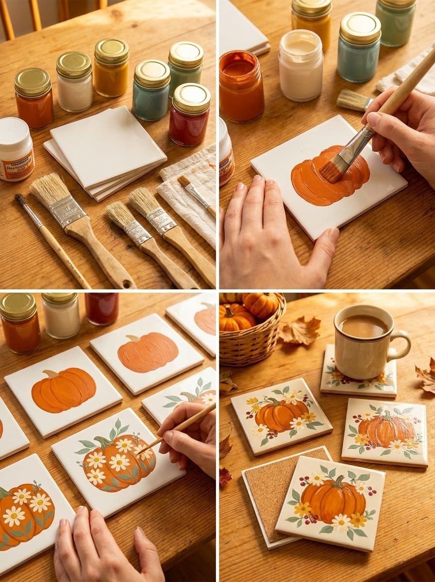 DIY Painted Tile Coaster Set With Retro Daisy Pumpkin Design 2 DIY Painted Tile Retro Daisy Pumpkin Coaster Set