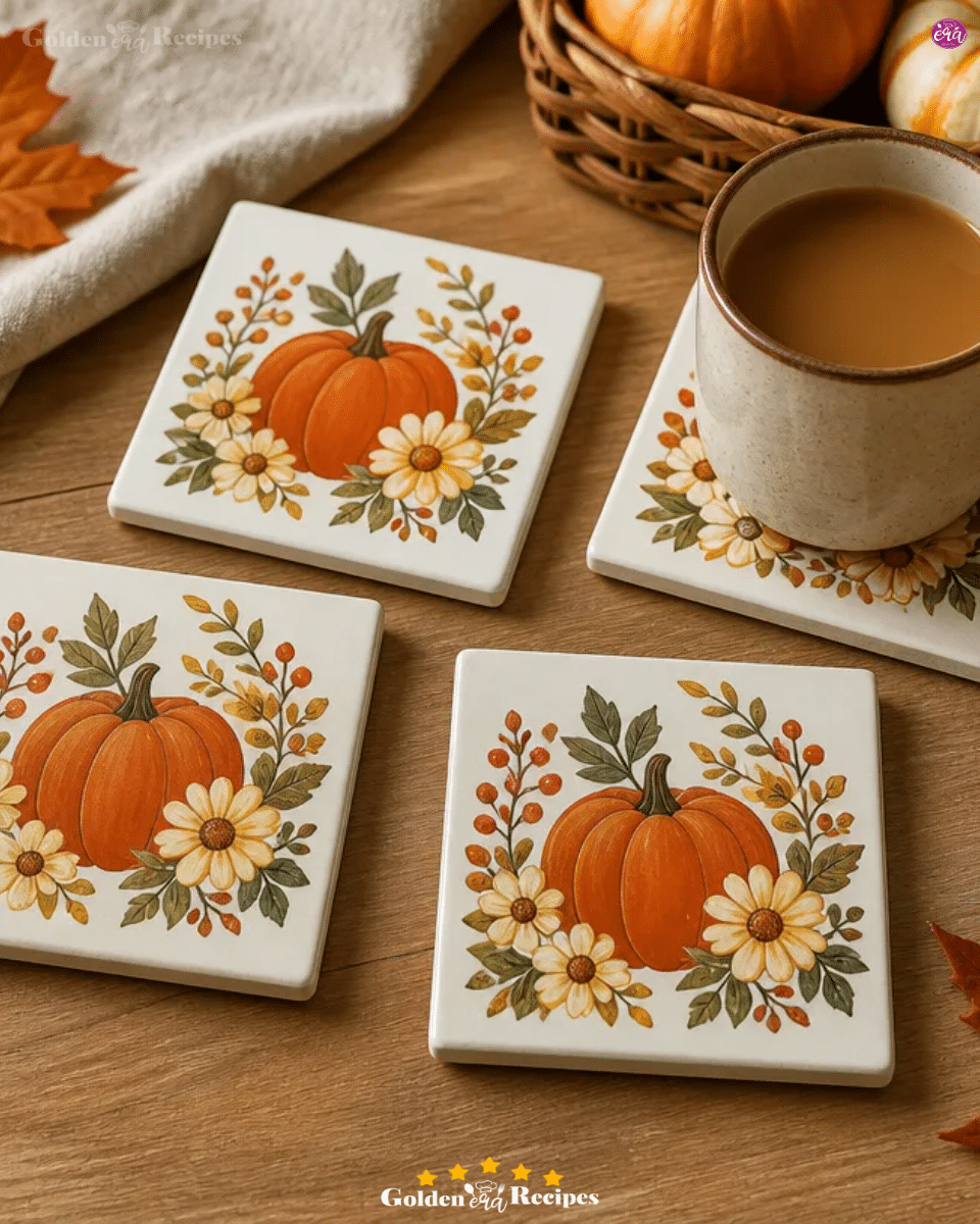 DIY Painted Tile Coaster Set With Retro Daisy Pumpkin Design 3 DIY Painted Tile Coaster Set With Retro Daisy Pumpkin Design