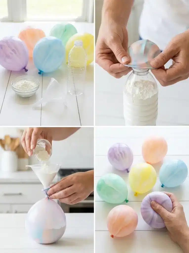 Step-by-step collage showing how to fill pastel marbled balloons with cornstarch to make homemade stress balls.