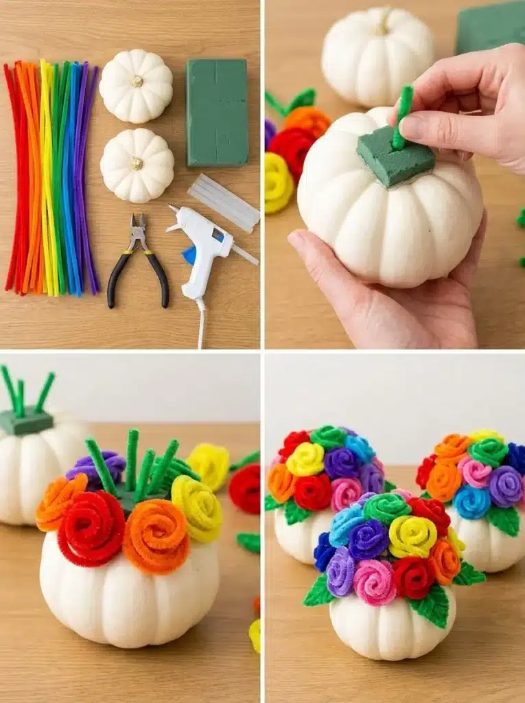 DIY rainbow flower pumpkin centerpiece decorated with colorful pipe cleaners