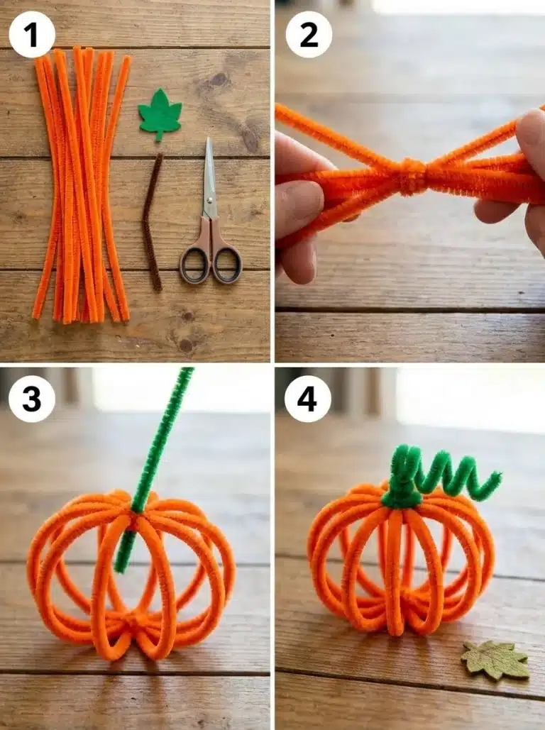 Colorful DIY rainbow pipe cleaner pumpkin decor for autumn.