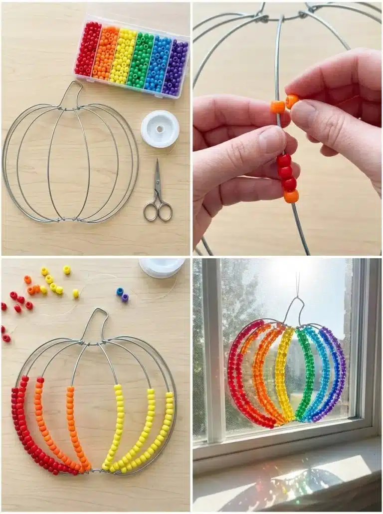 DIY rainbow suncatcher made with pony beads and a pumpkin design