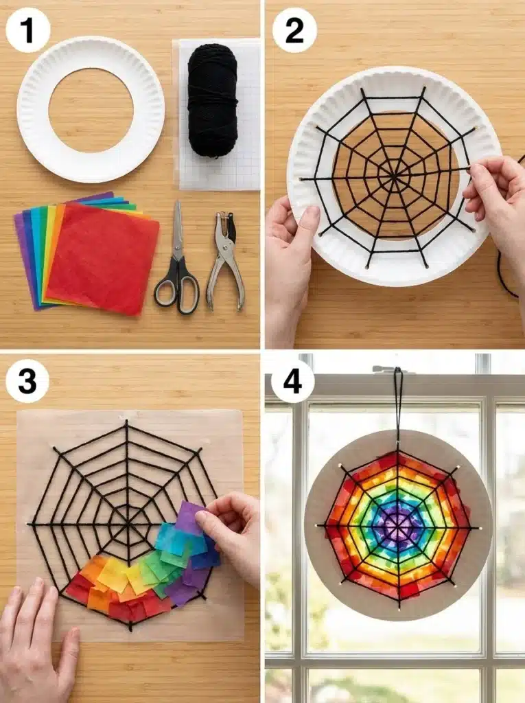 DIY Rainbow Spiderweb Paper Plate Suncatcher 1 DIY rainbow spiderweb paper plate suncatcher project for kids