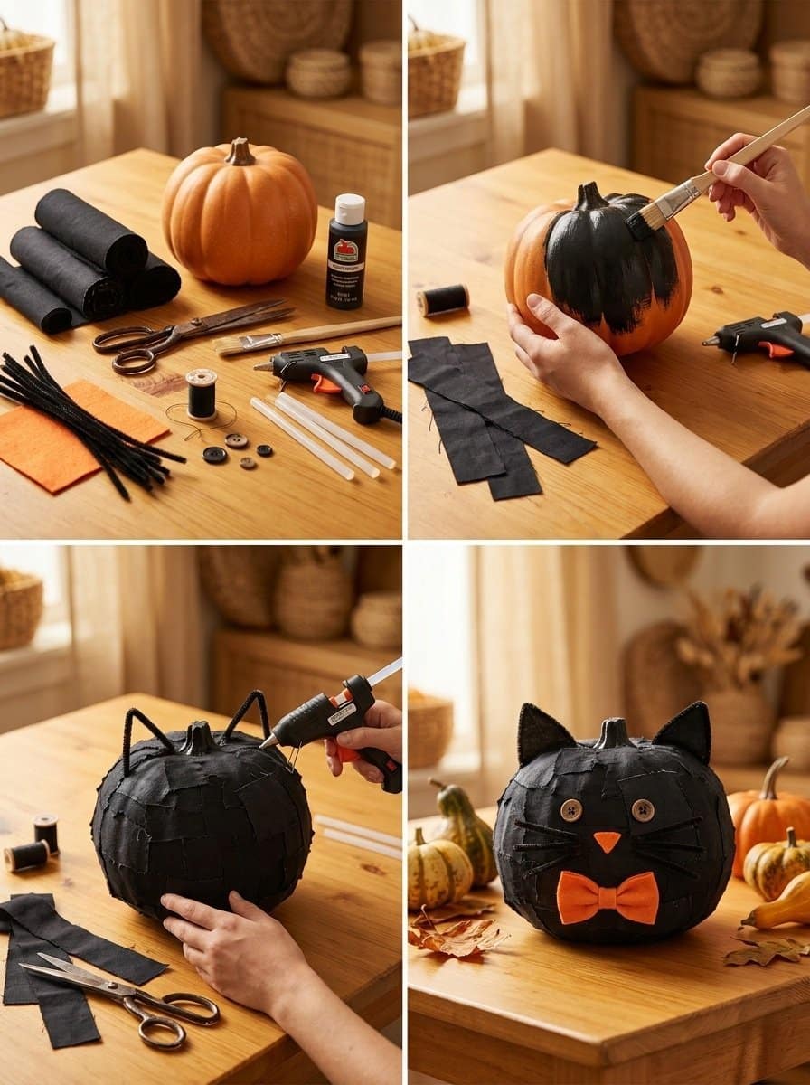DIY Scrap-Fabric Black Cat Pumpkin for Halloween