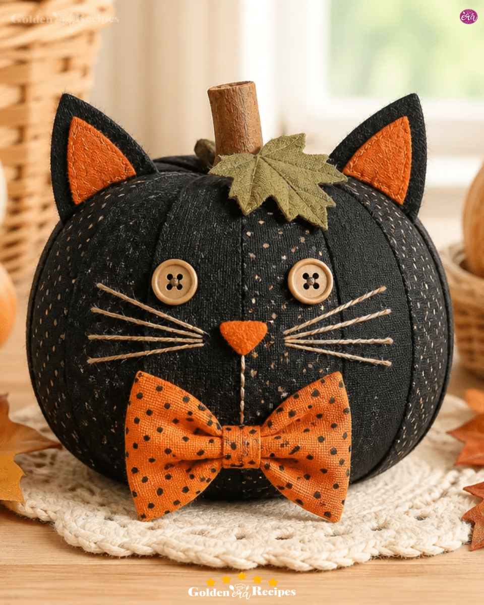 DIY Scrap-Fabric Black Cat Pumpkin for Halloween