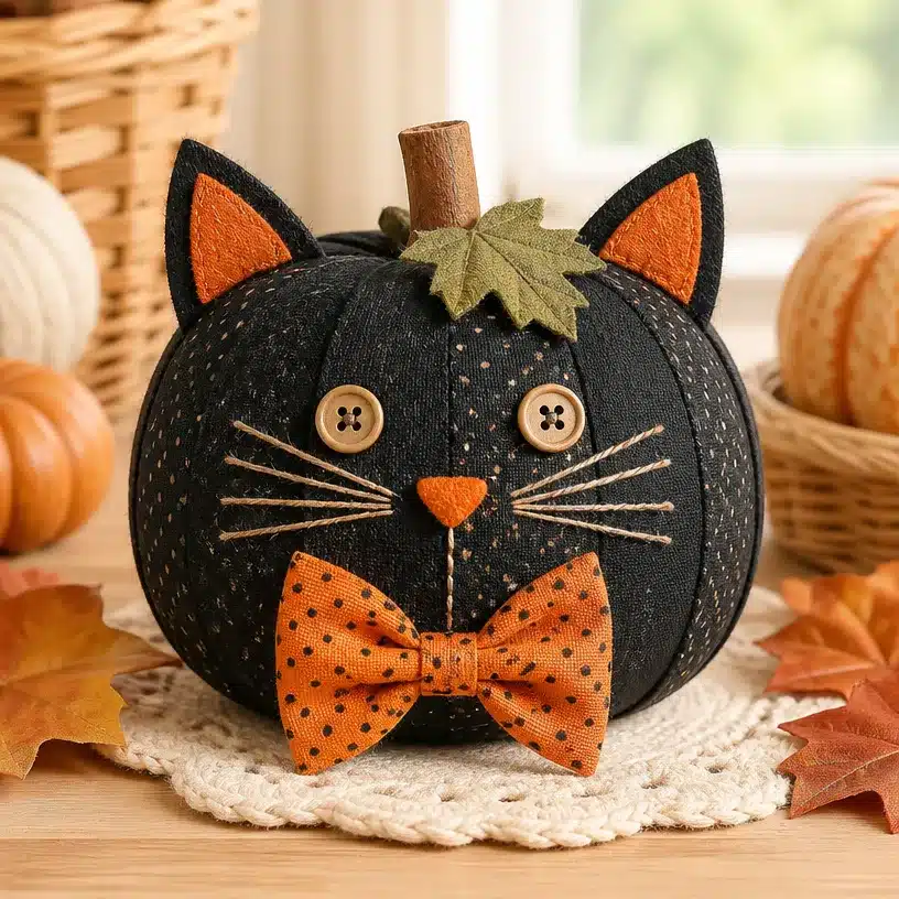 DIY Scrap-Fabric Black Cat Pumpkin for Halloween
