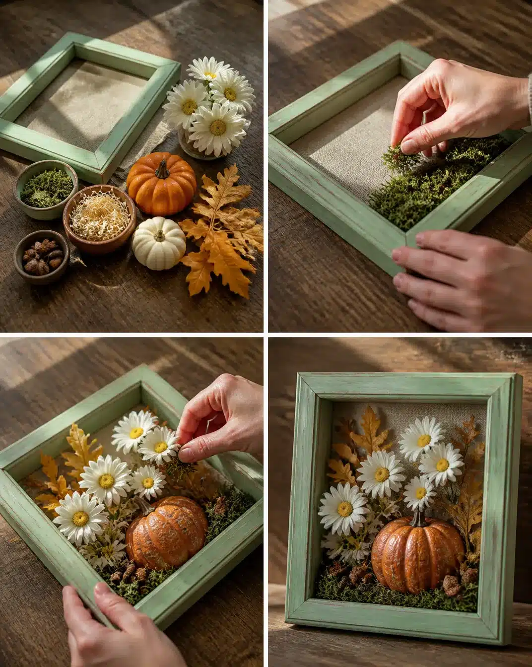 DIY Shadow Box From Thrifted Frame With Retro Daisy Pumpkin Decor