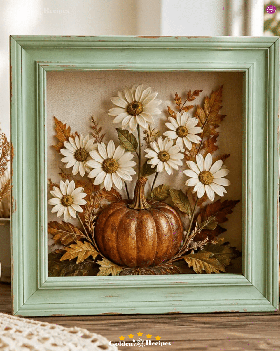 DIY Shadow Box From Thrifted Frame With Retro Daisy Pumpkin Decor