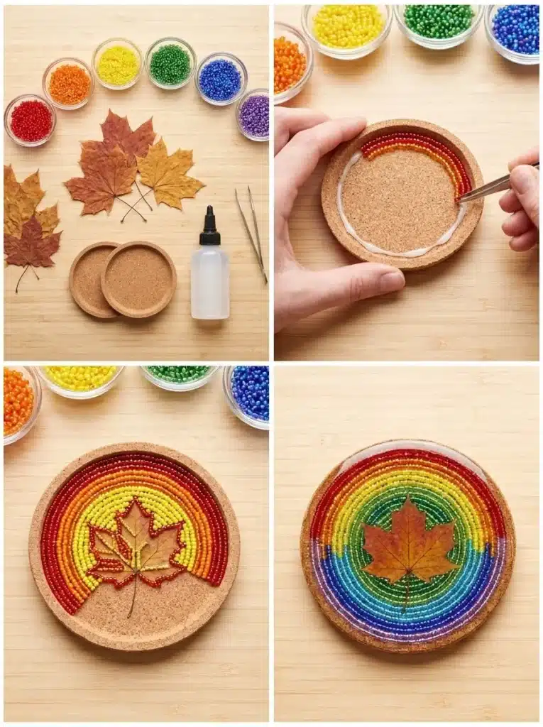 Handmade Rainbow Bead Coasters with Autumn Leaf Design 1 Handmade rainbow bead coasters with autumn leaf design