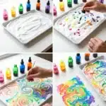 Four-step tutorial showing shaving cream preparation, rainbow coloring, marbling, and finished rainbow artwork.