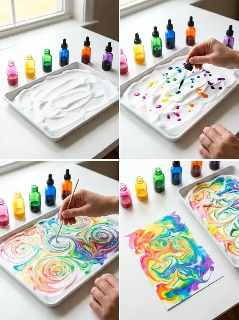 Four-step tutorial showing shaving cream preparation, rainbow coloring, marbling, and finished rainbow artwork.