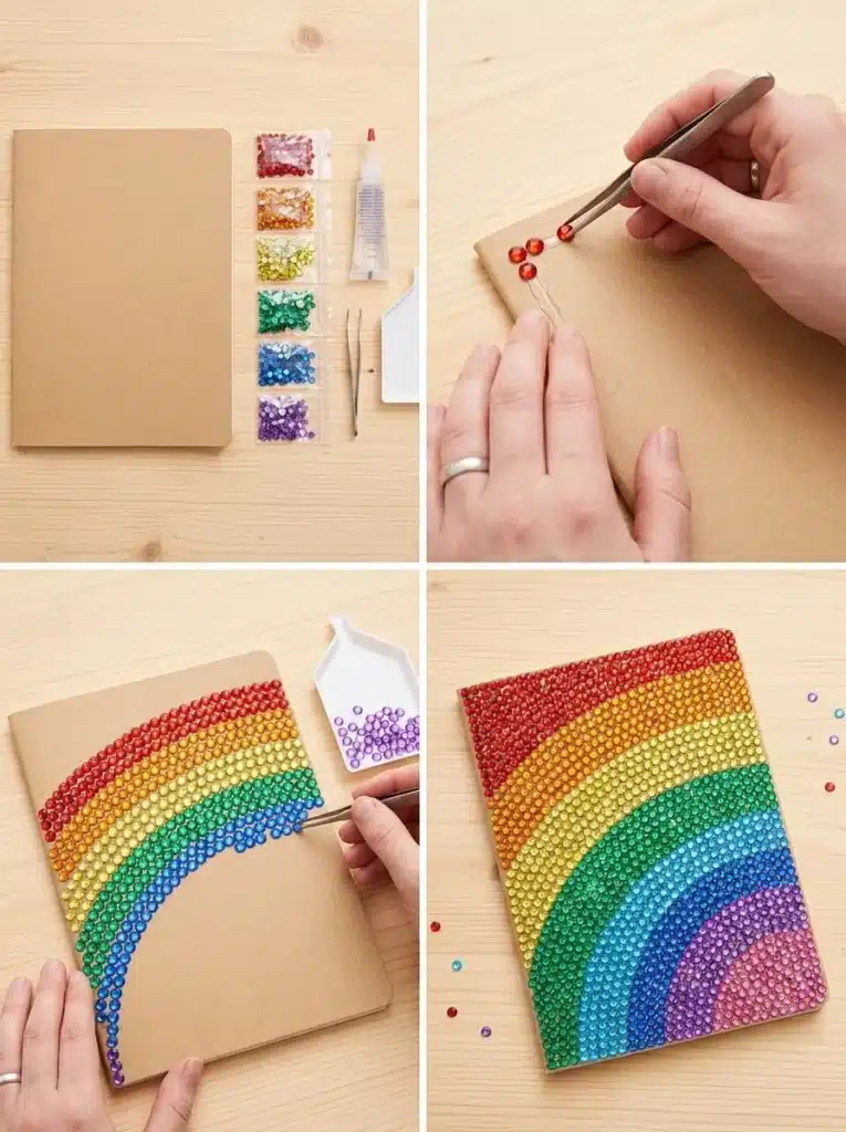 Rainbow Bedazzled School Notebook Cover 1 Rainbow bedazzled school notebook cover featuring colorful embellishments.