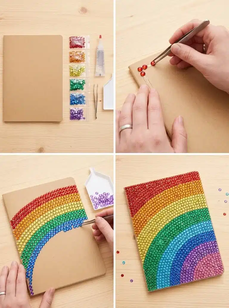 Rainbow Bedazzled School Notebook Cover 6 Rainbow bedazzled school notebook cover featuring colorful embellishments.