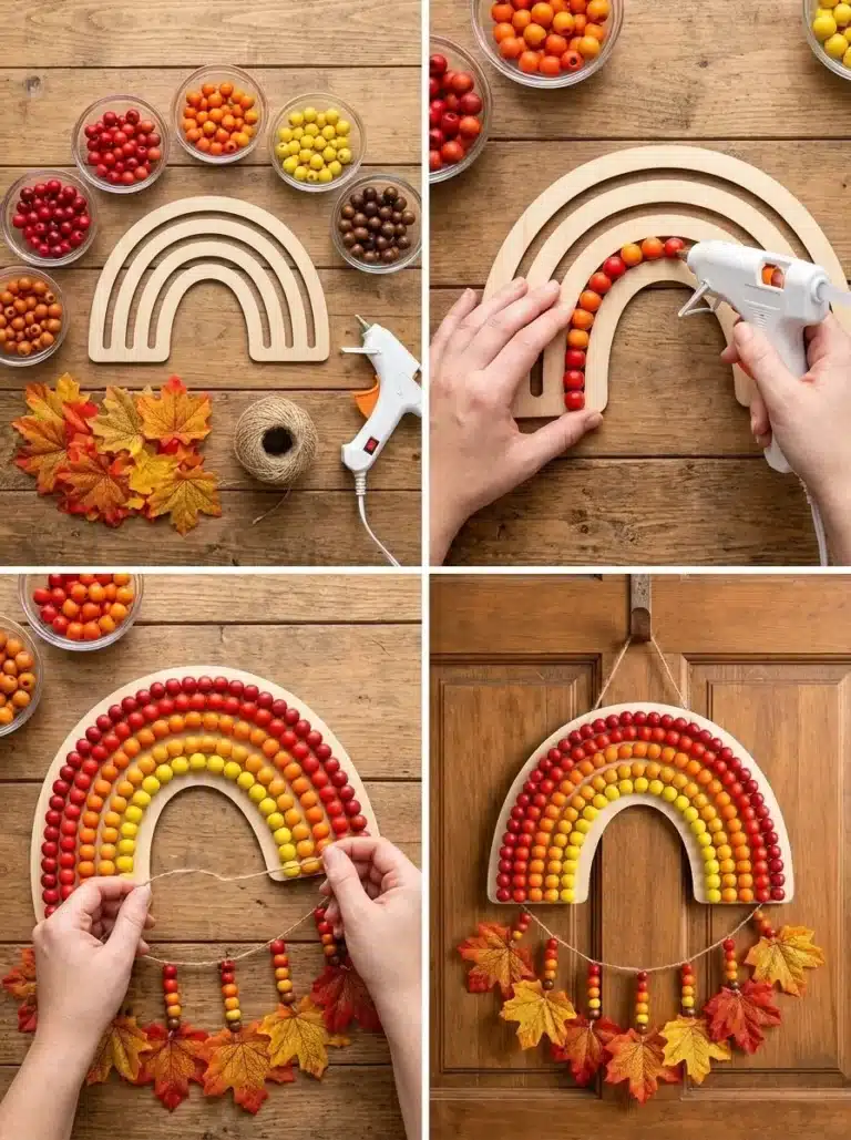 Colorful Rainbow Fall Door Hanger with Beaded Leaves for seasonal decoration