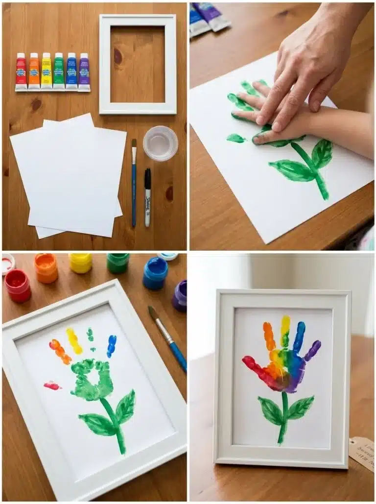 Child's rainbow handprint flower craft displayed in a frame for Grandparents Day