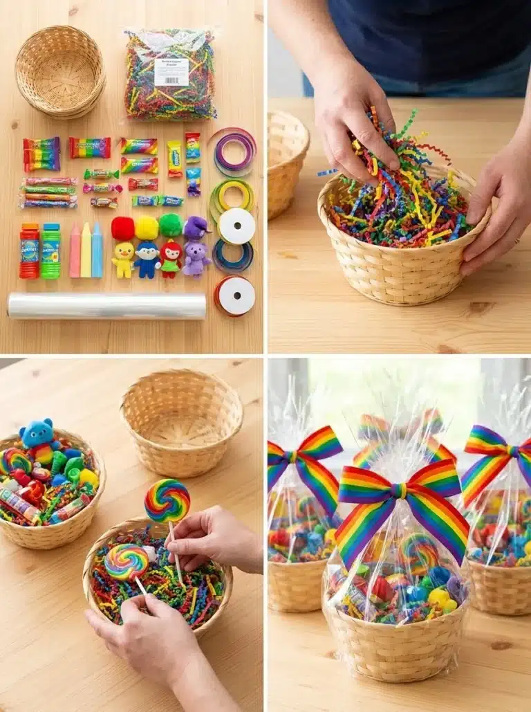 Colorful rainbow-inspired Boo Basket filled with treats for children
