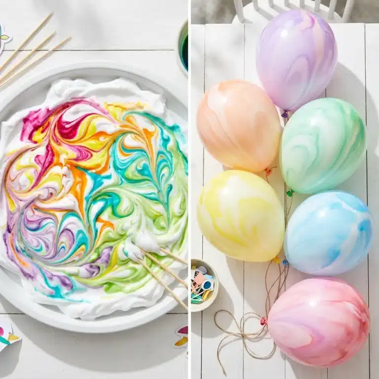 Rainbow shaving cream art with colorful swirling patterns beside pastel marbled balloons on a white craft table.