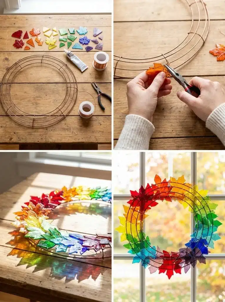 Rainbow Stained Glass Fall Wreath for Autumn Decor 1 Rainbow stained glass fall wreath for autumn home decor.