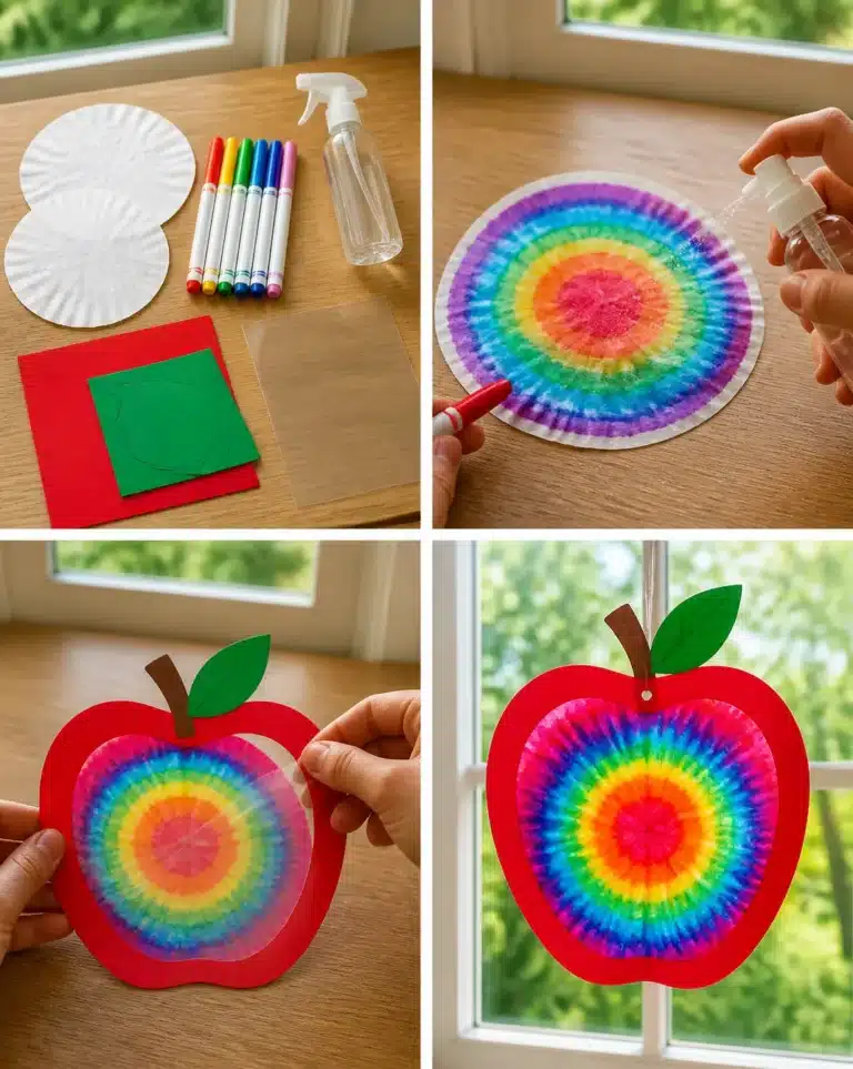 Rainbow Tie-Dye Apple Suncatcher Using Coffee Filters 4 Rainbow tie-dye apple suncatcher made with coffee filters, perfect for window decoration.