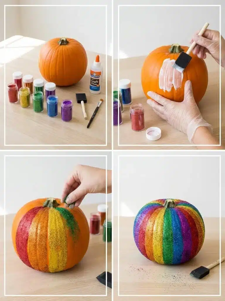 Colorful sparkling rainbow pumpkin decor for Halloween celebrations.